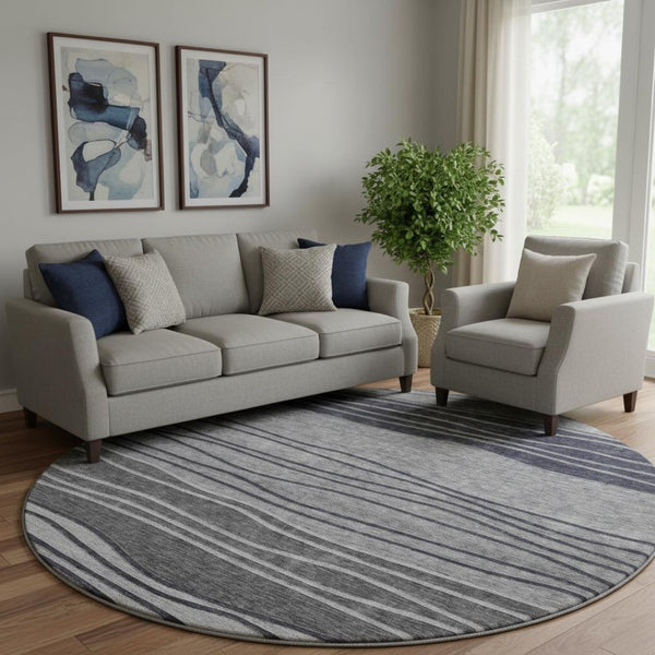 HomeRoots 8' Gray and Silver Striped Washable Round Rug - Durable, UV-Protected, Perfect for High-Traffic Areas 662094