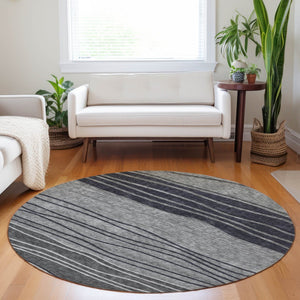HomeRoots 8' Gray and Silver Striped Washable Round Rug - Durable, UV-Protected, Perfect for High-Traffic Areas 662094