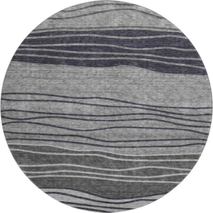HomeRoots 8' Gray and Silver Striped Washable Round Rug - Durable, UV-Protected, Perfect for High-Traffic Areas 662094