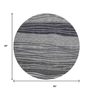 HomeRoots 8' Gray and Silver Striped Washable Round Rug - Durable, UV-Protected, Perfect for High-Traffic Areas 662094