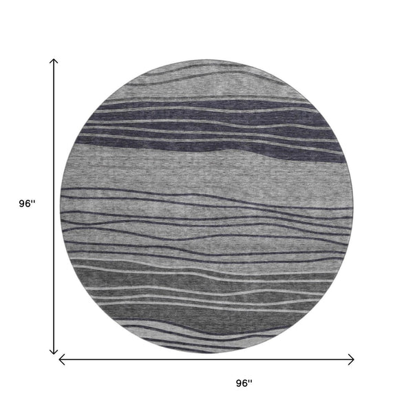 HomeRoots 8' Gray and Silver Striped Washable Round Rug - Durable, UV-Protected, Perfect for High-Traffic Areas 662094