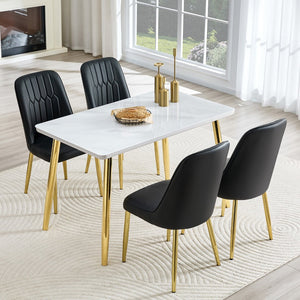 English Elm Table and Chair Set Marble Glass Top Gold Legs with Four Pu Leather Dining Seats W1151S04634