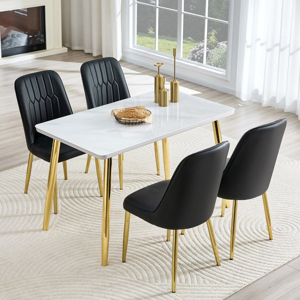 English Elm Table and Chair Set Marble Glass Top Gold Legs with Four Pu Leather Dining Seats W1151S04634