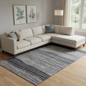 HomeRoots 8' X 10' Stylish Gray and Silver Striped Washable Area Rug – Stain Resistant, UV Protected, Durable Design 662095