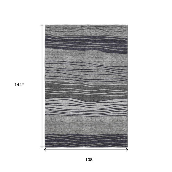 HomeRoots 9' X 12' Gray and Silver Striped Area Rug - Soft, Washable, UV Protected, Perfect for High-Traffic Spaces 662096