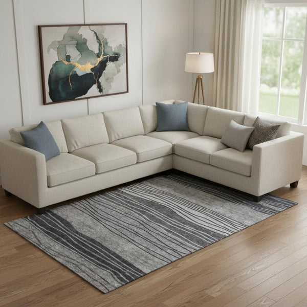 HomeRoots 9' X 12' Gray and Silver Striped Area Rug - Soft, Washable, UV Protected, Perfect for High-Traffic Spaces 662096