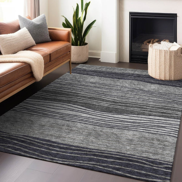 HomeRoots 10' Gray and Silver Striped Washable Area Rug – Durable, Stain-Resistant, UV Protected Elegance! 662097