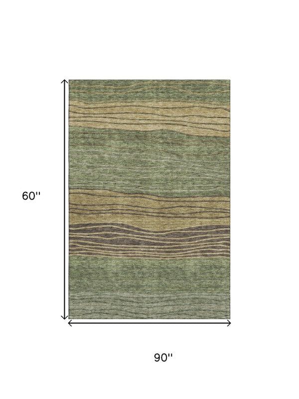 HomeRoots 5' X 8' Olive Green, Gold & Brown Striped Washable Area Rug with UV Protection for Family Spaces 662099