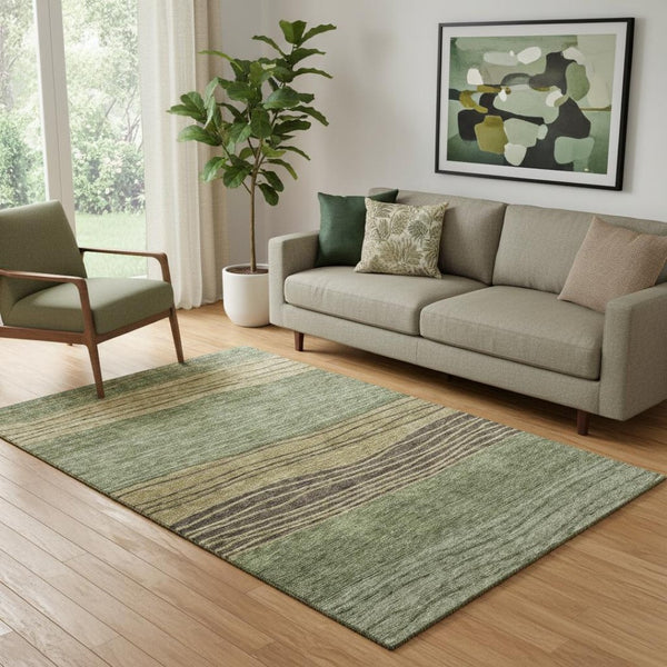 HomeRoots 5' X 8' Olive Green, Gold & Brown Striped Washable Area Rug with UV Protection for Family Spaces 662099