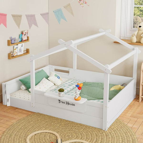 English Elm Twin Low Loft Bed Solid Pine Frame with Built-in Led Lighting and Storage Shelves Light White W1580P396332