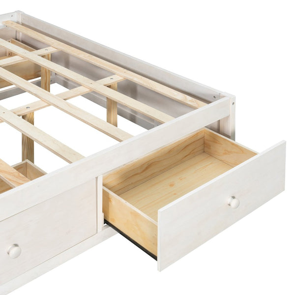 English Elm Queen Platform Bed with Four Storage Drawers Footboard Cubby Modern Low Profile Frame White LP000138AAK