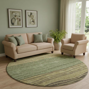 HomeRoots 8' Stylish Olive Green and Brown Striped Washable Round Rug with UV Protection for Family Homes 662100
