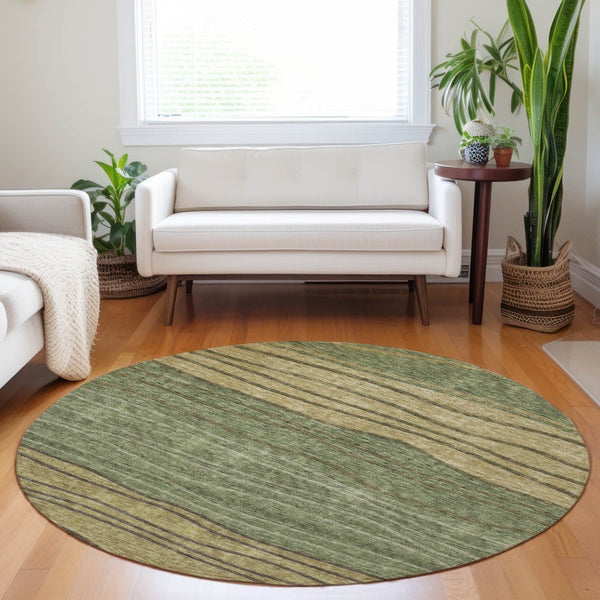 HomeRoots 8' Stylish Olive Green and Brown Striped Washable Round Rug with UV Protection for Family Homes 662100