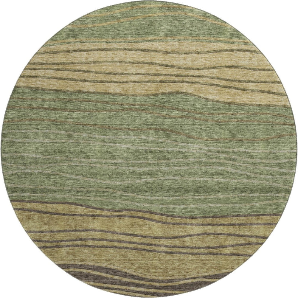 HomeRoots 8' Stylish Olive Green and Brown Striped Washable Round Rug with UV Protection for Family Homes 662100