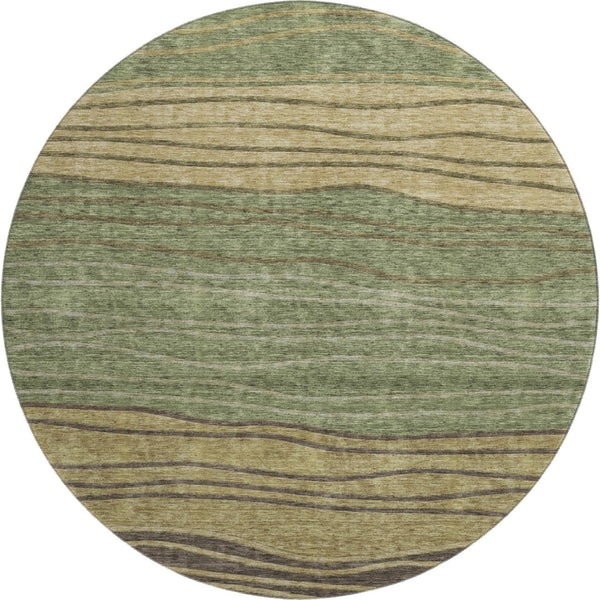 HomeRoots 8' Stylish Olive Green and Brown Striped Washable Round Rug with UV Protection for Family Homes 662100