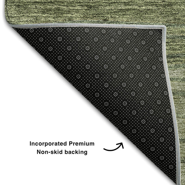 HomeRoots 8' Stylish Olive Green and Brown Striped Washable Round Rug with UV Protection for Family Homes 662100