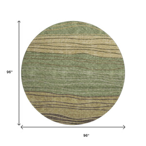 HomeRoots 8' Stylish Olive Green and Brown Striped Washable Round Rug with UV Protection for Family Homes 662100