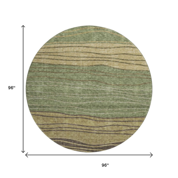 HomeRoots 8' Stylish Olive Green and Brown Striped Washable Round Rug with UV Protection for Family Homes 662100