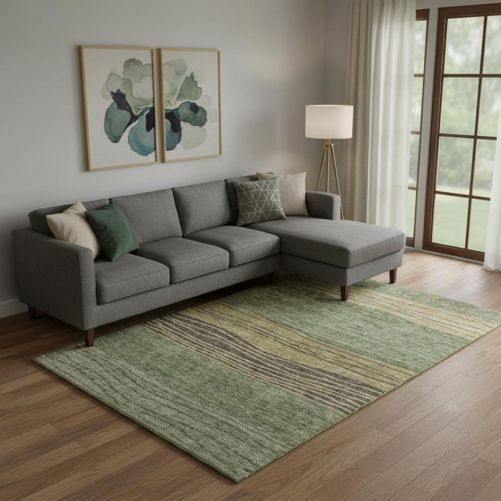 HomeRoots 8' X 10' Stylish Olive Green, Gold & Brown Striped Washable Area Rug with UV Protection & Stain Resistance 662101