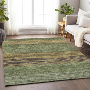 HomeRoots 9' X 12' Olive Green, Gold & Brown Striped Area Rug - Washable, UV Protected, Stain Resistant Elegance 662102