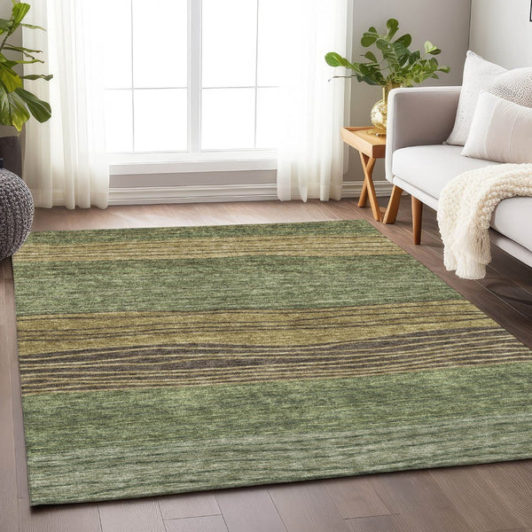 HomeRoots 9' X 12' Olive Green, Gold & Brown Striped Area Rug - Washable, UV Protected, Stain Resistant Elegance 662102