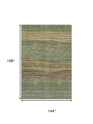 HomeRoots 9' X 12' Olive Green, Gold & Brown Striped Area Rug - Washable, UV Protected, Stain Resistant Elegance 662102