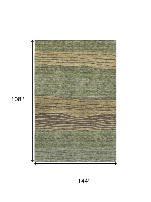 HomeRoots 9' X 12' Olive Green, Gold & Brown Striped Area Rug - Washable, UV Protected, Stain Resistant Elegance 662102