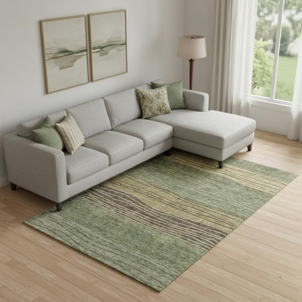 HomeRoots 9' X 12' Olive Green, Gold & Brown Striped Area Rug - Washable, UV Protected, Stain Resistant Elegance 662102