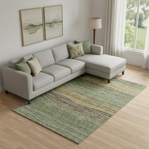 HomeRoots 9' X 12' Olive Green, Gold & Brown Striped Area Rug - Washable, UV Protected, Stain Resistant Elegance 662102