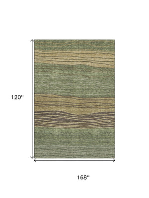 HomeRoots 10' Olive Green Gold Brown Striped Area Rug – Washable, UV-Protected, Perfect for Living Spaces! 662103