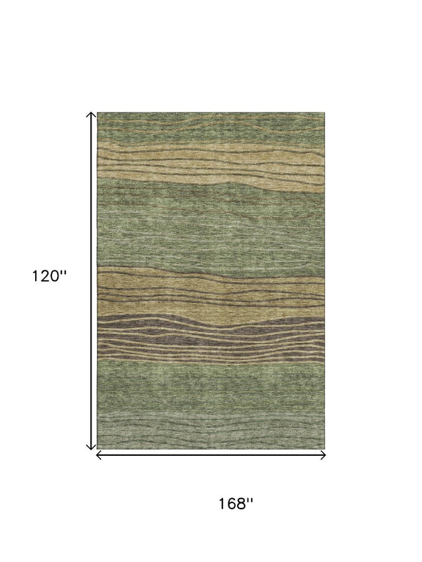 HomeRoots 10' Olive Green Gold Brown Striped Area Rug – Washable, UV-Protected, Perfect for Living Spaces! 662103