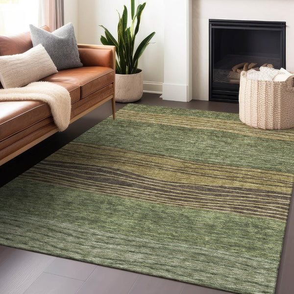 HomeRoots 10' Olive Green Gold Brown Striped Area Rug – Washable, UV-Protected, Perfect for Living Spaces! 662103