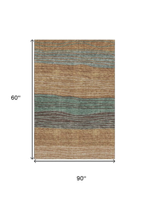 HomeRoots 5' X 8' Terra Cotta Gray Beige Striped Area Rug - Washable, UV Protected, Stain Resistant Design 662117