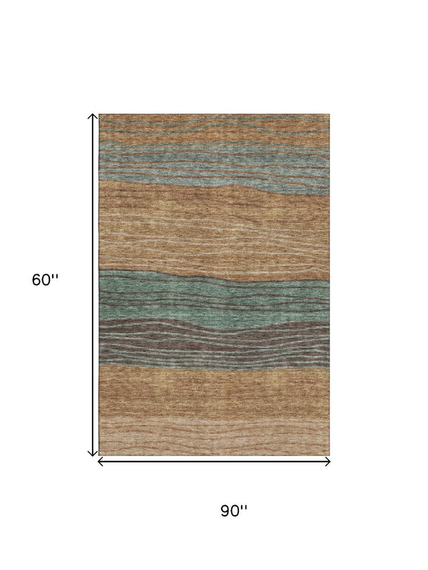HomeRoots 5' X 8' Terra Cotta Gray Beige Striped Area Rug - Washable, UV Protected, Stain Resistant Design 662117