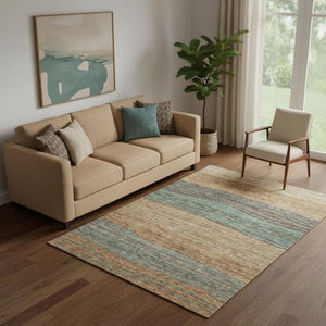 HomeRoots 5' X 8' Terra Cotta Gray Beige Striped Area Rug - Washable, UV Protected, Stain Resistant Design 662117