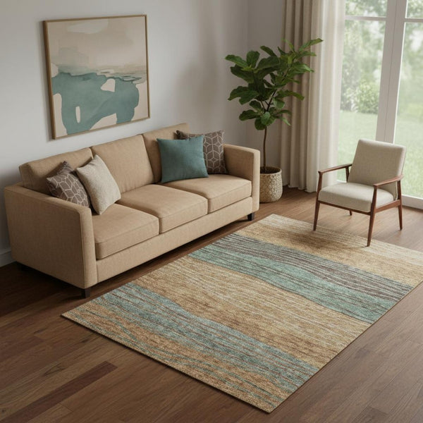 HomeRoots 5' X 8' Terra Cotta Gray Beige Striped Area Rug - Washable, UV Protected, Stain Resistant Design 662117