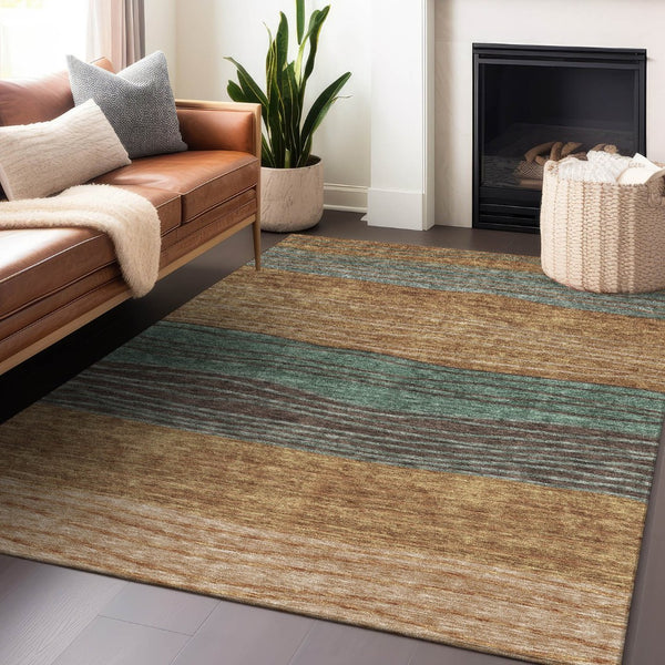 HomeRoots 5' X 8' Terra Cotta Gray Beige Striped Area Rug - Washable, UV Protected, Stain Resistant Design 662117