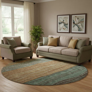 HomeRoots 8' Stylish Terra Cotta, Gray & Beige Striped Round Rug - Washable, UV-Protected, Stain-Resistant! 662118