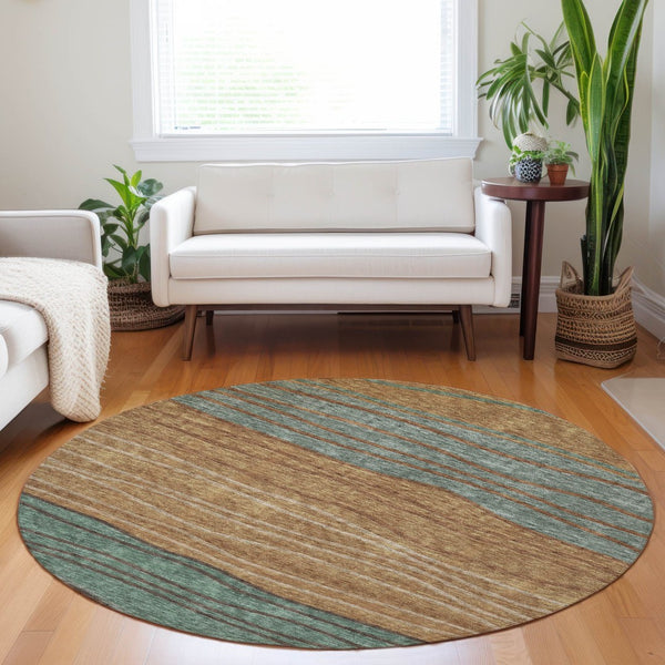 HomeRoots 8' Stylish Terra Cotta, Gray & Beige Striped Round Rug - Washable, UV-Protected, Stain-Resistant! 662118
