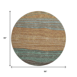 HomeRoots 8' Stylish Terra Cotta, Gray & Beige Striped Round Rug - Washable, UV-Protected, Stain-Resistant! 662118