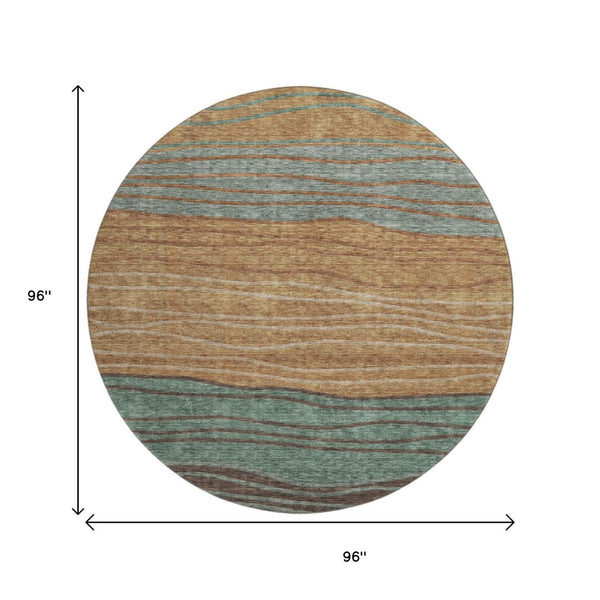 HomeRoots 8' Stylish Terra Cotta, Gray & Beige Striped Round Rug - Washable, UV-Protected, Stain-Resistant! 662118