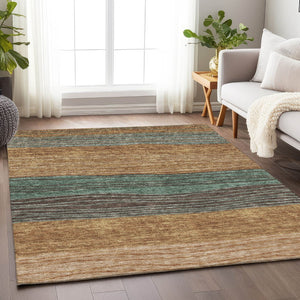 HomeRoots 9' X 12' Terra Cotta, Gray & Beige Striped Washable Area Rug with UV Protection for Busy Homes 662120