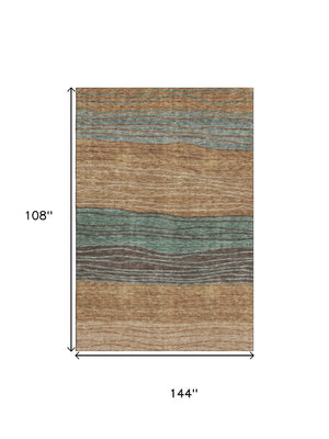 HomeRoots 9' X 12' Terra Cotta, Gray & Beige Striped Washable Area Rug with UV Protection for Busy Homes 662120