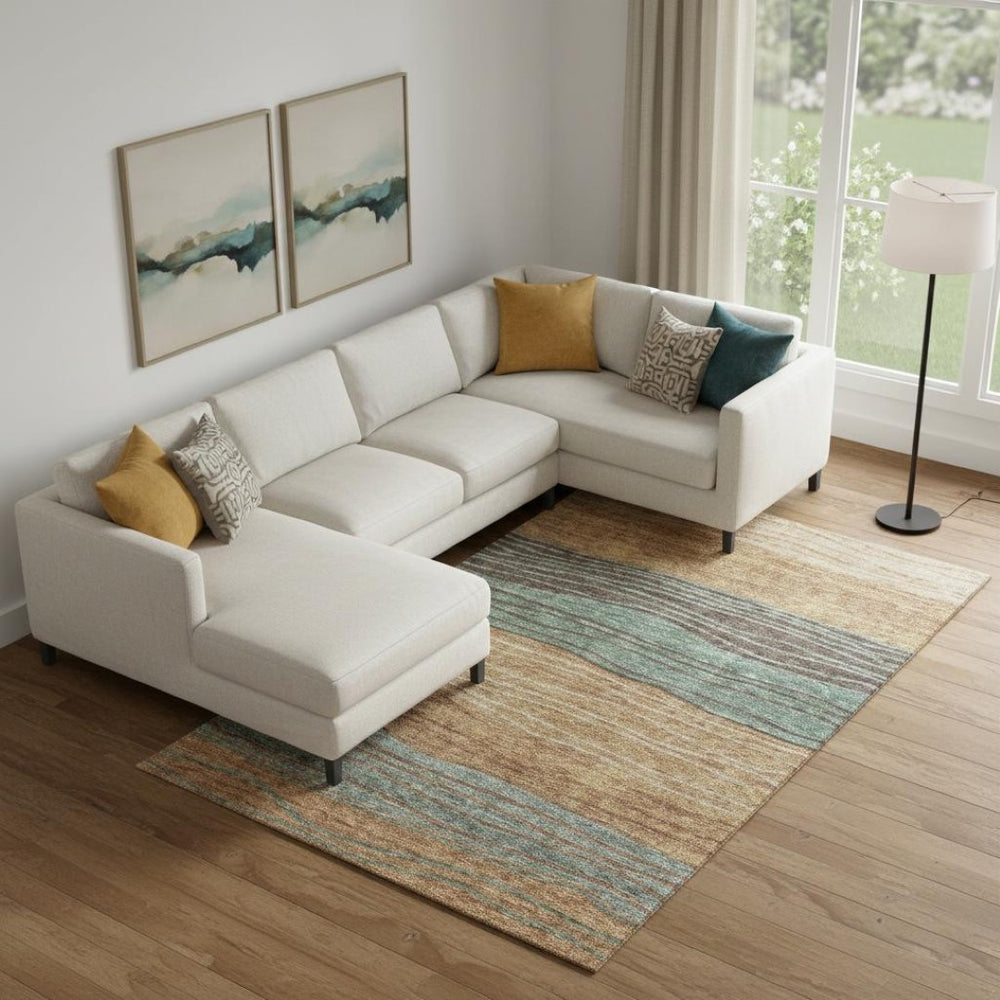 HomeRoots 9' X 12' Terra Cotta, Gray & Beige Striped Washable Area Rug with UV Protection for Busy Homes 662120