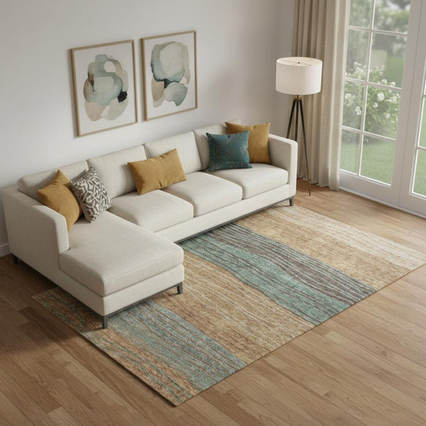 HomeRoots 10' X 14' Terra Cotta Gray Beige Striped Area Rug - Durable, Washable, UV Protected for Any Space 662121