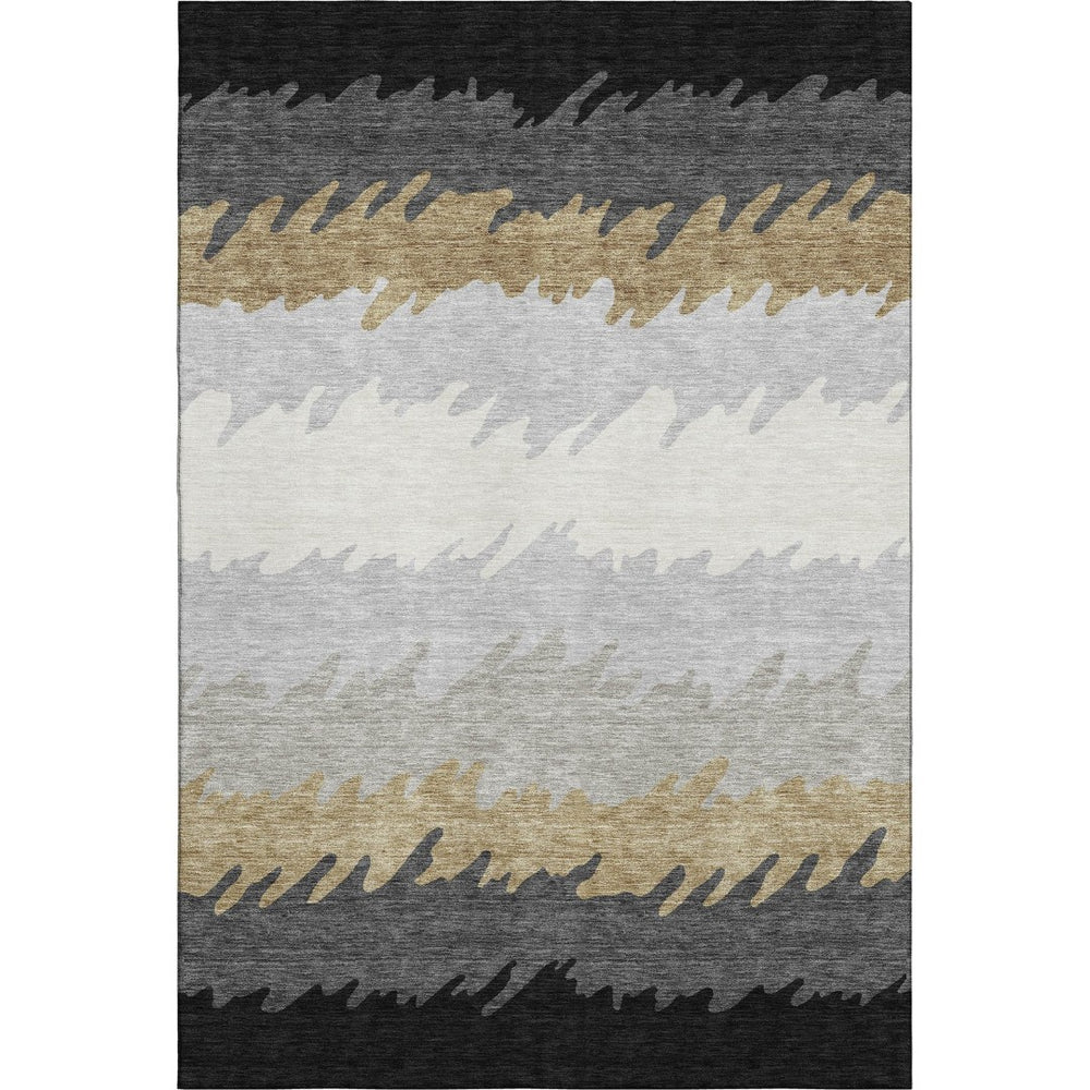 HomeRoots 5' X 8' Modern Striped Area Rug in Black, Beige & Silver – Washable, UV Protected & Stain Resistant 662123