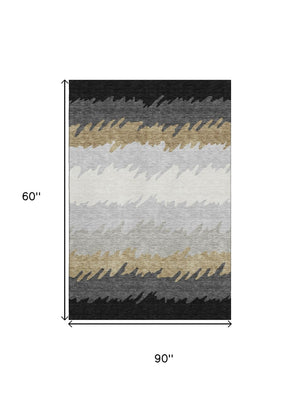 HomeRoots 5' X 8' Modern Striped Area Rug in Black, Beige & Silver – Washable, UV Protected & Stain Resistant 662123