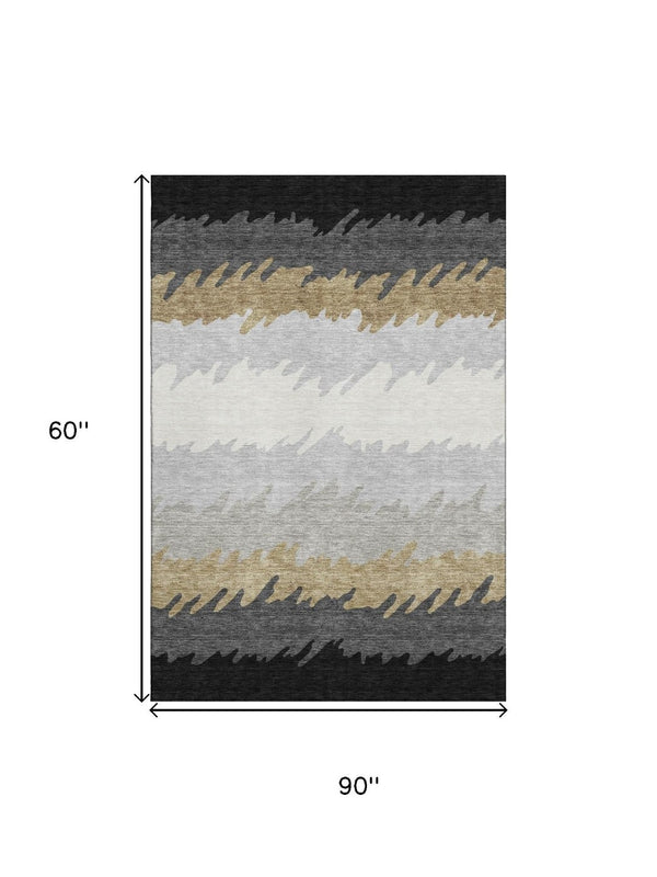 HomeRoots 5' X 8' Modern Striped Area Rug in Black, Beige & Silver – Washable, UV Protected & Stain Resistant 662123