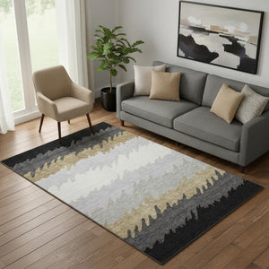 HomeRoots 5' X 8' Modern Striped Area Rug in Black, Beige & Silver – Washable, UV Protected & Stain Resistant 662123