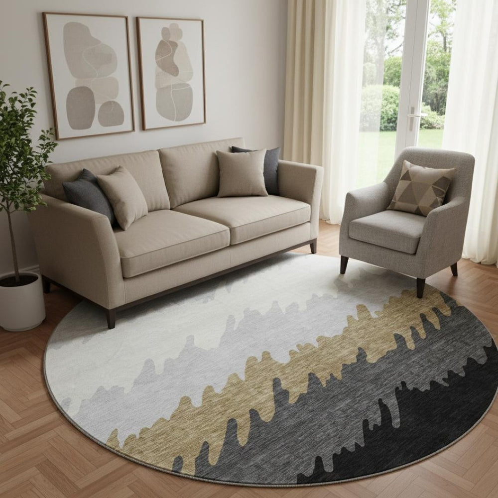 HomeRoots 8' Striped Washable Round Rug in Black, Beige & Silver - UV Protected, Pet-Friendly & Stylish Design 662124